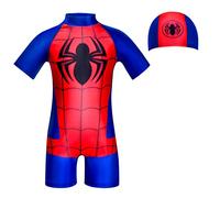 URAQT Boys Swimming Costume, Kids One Piece Short Sleeve Swimwear with Swimming Cap, Kids Cartoon Super Hero UV Protection Swimsuit Child Rash Guard Bathing Suit, Kids Swim Set for 2-9 Years