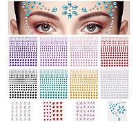 URAQT Face Gems Glitter, 12 Sheets Face Gems Mermaid Jewels Rhinestones Stickers Set, Self-adhesive Crystal Rainbow Tears Gem Stones Stickers Eyes Face Body Temporary Tattoos for Festival Decorations