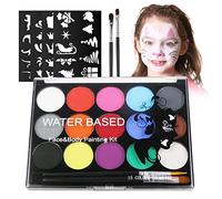 URAQT Face Paint, 15 Color Face Painting Palette with 2 Brushes 32 Stencils, Washable Face Paints Safe Body Paint for Adults Kids Halloween Carnival, Makeup Paint Non-Toxic to Use