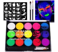 URAQT Face Paint Kit, 15 Color Neon Ultraviolet Glow Face Painting Palette with 2 Brushes 32 Stencils, Faces Paints Safe Body Painting for Adults Kids Party Carnival, Makeup Paint Non - Toxic to Use