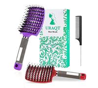 URAQT Hair Brush, 2 Pcs Boar Bristle Paddle Hairbrush with Tail Comb, Soft Massage Vent Brush for Men Women, Detangle Hair Brush for Long Thick Curly Hair, Reducing Hair Breakage (Red & Purple)