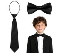 URAQT Kids Bow Tie and Necktie Set, Pre-Tied Formal Boys Accessory Set, Adjustable Satin Bow Tie with Matching Tie for School Wedding Party Graduation,Black