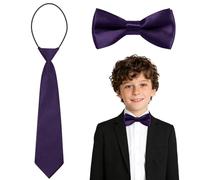 URAQT Kids Bow Tie and Necktie Set, Pre-Tied Formal Boys Accessory Set, Adjustable Satin Bow Tie with Matching Tie for School Wedding Party Graduation, Dark Purple