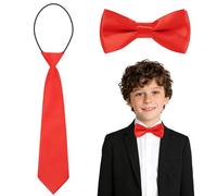 URAQT Kids Bow Tie and Necktie Set, Pre-Tied Formal Boys Accessory Set, Adjustable Satin Bow Tie with Matching Tie for School Wedding Party Graduation, Red