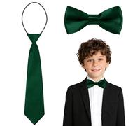 URAQT Kids Bow Tie and Necktie Set, Pre-Tied Formal Boys Accessory Set, Adjustable Satin Bow Tie with Matching Tie for School Wedding Party Graduation, Dark Green
