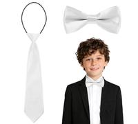 URAQT Kids Bow Tie and Necktie Set, Pre-Tied Formal Boys Accessory Set, Adjustable Satin Bow Tie with Matching Tie for School Wedding Party Graduation, White