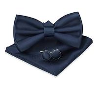 URAQT Men's Bow Tie Set, Classic Solid Color Pre-Tied Bow Tie and Pocket Square Cufflink Set for Men, Satin Tux Bowtie & Handkerchief, Adjustable Formal Neck Bowtie for Parties, Wedding (Navy Blue)