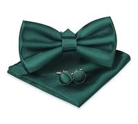 URAQT Men's Bow Tie Set, Classic Solid Color Pre-Tied Bow Tie and Pocket Square Cufflink Set for Men, Satin Tux Bowtie & Handkerchief, Adjustable Formal Neck Bowtie for Parties, Wedding (Green)