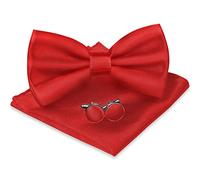 URAQT Men's Bow Tie Set, Classic Solid Color Pre-Tied Bow Tie and Pocket Square Cufflink Set for Men, Satin Tux Bowtie & Handkerchief, Adjustable Formal Neck Bowtie for Parties, Wedding (Red)