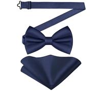 URAQT Men's Bow Tie Set, Classic Solid Color Pre-Tied Bow Tie and Pocket Square Set for Men, Satin Tux Bowtie & Handkerchief, Adjustable Formal Neck Bowtie for Parties, Wedding,Navy Blue