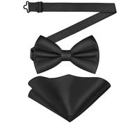 URAQT Men's Bow Tie Set, Classic Solid Color Pre-Tied Bow Tie and Pocket Square Set for Men, Satin Tux Bowtie & Handkerchief, Adjustable Formal Neck Bowtie for Parties, Wedding,Black