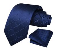 URAQT Men's Plaid Jacquard Tie and Pocket Square Set - 3.15" Width 146cm Length Formal Satin Necktie for Wedding, Business & Office（Navy Blue）