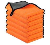 URAQT Microfibre Cleaning Cloths, 6 Pack Car Cleaning Cloths, Two-layer Thickened Microfibre Towels, Lint Free Super Absorbent Cleaning Towel for Car Washing, Drying, Detailing, Orange, 40x60cm