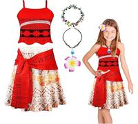URAQT Ocean Princess Costume for Girls, Princess Costume Kids,Moana Style Fancy Dress Set with Flower Hair Clip, Leaf Necklace & Skirt for Halloween & World Book Day,Size 130CM