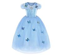 URAQT Princess Costume with Butterfly, Blue Dance Gown Princess Dress for Girls, Fancy Tulle Dress for Wedding, Party, Prom, 130