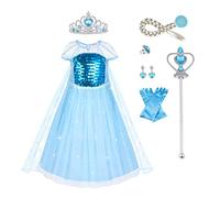 URAQT Princess Costumes for Girls Elsa Dress, Elsa Costume Outfit Dress with Princess Crown Magic Wand, Elsa Princess Costume, Deluxe Shining Cloak Fancy Dress for Halloween/Cosplay/Bridesmaid(150)