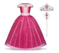 URAQT Princess Costumes for Girls, Sleeping Beauty Costumes for Girls with Wand and Crown, Girl's Aurora Costume, Princess Fancy Dress Up for Cosplay Carnival Halloween Christmas Birthday Party(7-8 Y)