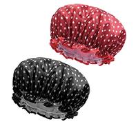 URAQT Shower Caps, 2 Pack Waterproof Bath Caps Large Reusable Shower Hats, Elastic Band Double Layers Hair Bath Caps with Soft Ruffled Edge for Women Girls Ladies Spa Salon Home Use (White Dots)