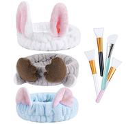 URAQT Spa Headbands for Women, 3 Pack Fluffy Headband for Washing Face, Elastic Plush Hair Bands with 4 Pcs Mask Brushes, Animal Ears Coral Fleece Women & Girls' Head Band for Makeup, Shower, Sports
