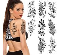 URAQT Temporary Tattoos, 8 Sheets 3D Extra Large Waterproof Sexy Flowers Fake Tattoo Kits, Arm Neck Face Temp Tattoo Temporary Tattoos Sticker for Women and Men, Black Halloween Fake Tattoos