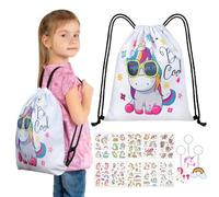 URAQT Unicorn Backpack for Kids, Gym Drawstring Bag Set With Keychain and Tattoo Sticker, Lightweight Sports Gifts for Girls