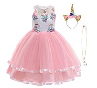 URAQT Unicorn Costume, Princess Unicorn Dress Fancy Dress with Necklace, Headband for Kids & Toddlers Birthday/Cosplay/Hallween Party,Pink 100CM
