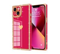 Urarssa for iPhone 13 Case, Rectangle Bling Sparkly Diamond Glitter Phone Case for Women Girls with Cute Heart Pattern Camera Lens Protection Slim TPU Bumper Shockproof Plating Cover, Hot Pink