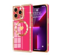 Urarssa for iPhone 13 Pro Max Case Rectangle, with Bling Diamonds Glitter Case for Women Girls, Cute Love Heart Pattern TPU Shockproof Plating Cover for iPhone 13 Pro Max-Hot Pink