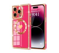 Urarssa for iPhone 14 Pro Max Case Rectangle, with Bling Diamonds Glitter Case for Women Girls, Cute Love Heart Pattern TPU Shockproof Plating Cover for iPhone 14 Pro Max-Hot Pink