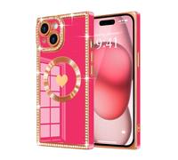 Urarssa for iPhone 15 Plus Case Rectangle, with Bling Diamonds Glitter Case for Women Girls, Cute Love Heart Pattern TPU Shockproof Plating Cover for iPhone 14 Plus-Hot Pink