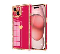 Urarssa for iPhone 15 Plus/for iPhone 14 Plus Case, Rectangle Bling Sparkly Diamond Glitter Phone Case for Women Girls with Cute Heart Pattern Camera Lens Protection Shockproof Plating Cover, Hot Pink