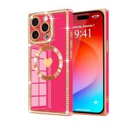 Urarssa for iPhone 15 Pro Case Rectangle, with Bling Diamonds Glitter Case for Women Girls, Cute Love Heart Pattern TPU Shockproof Plating Cover for iPhone 15 Pro-Hot Pink