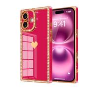 Urarssa for iPhone 16 Case, Rectangle Bling Sparkly Diamond Glitter Phone Case for Women Girls with Cute Heart Pattern Camera Lens Protection Slim TPU Bumper Shockproof Plating Cover, Hot Pink