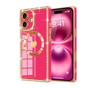 Urarssa for iPhone 16 Plus Case Rectangle, with Bling Diamonds Glitter Case for Women Girls, Cute Love Heart Pattern TPU Shockproof Plating Cover for iPhone 16 Plus-Hot Pink