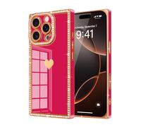 Urarssa for iPhone 16 Pro Case, Rectangle Bling Sparkly Diamond Glitter Phone Case for Women Girls with Cute Heart Pattern Camera Lens Protection Slim TPU Bumper Shockproof Plating Cover, Hot Pink