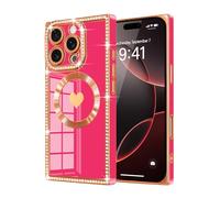 Urarssa for iPhone 16 Pro Max Case Rectangle, with Bling Diamonds Glitter Case for Women Girls, Cute Love Heart Pattern TPU Shockproof Plating Cover for iPhone 16 Pro Max-Hot Pink