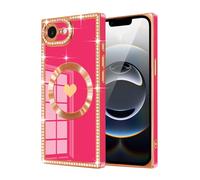 Urarssa for iPhone 16e/for iPhone 17e Case Rectangle, with Bling Diamonds Glitter Case for Women Girls, Cute Love Heart Pattern TPU Shockproof Plating Cover for iPhone 16e-Hot Pink