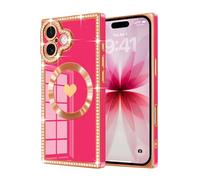Urarssa for iPhone 17 Case Rectangle, with Bling Diamonds Glitter Case for Women Girls, Cute Love Heart Pattern TPU Shockproof Plating Cover for iPhone 17-Hot Pink