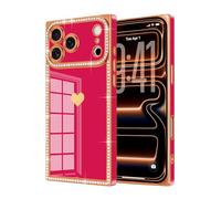 Urarssa for iPhone 17 Pro Max Case, Rectangle Bling Sparkly Diamond Glitter Case for Women Girls with Cute Heart Pattern Full Camera Protection Slim TPU Bumper Shockproof Plating Phone Cover, Hot Pink