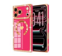 Urarssa for iPhone 17 Pro Max Case Rectangle, with Bling Diamonds Glitter Case for Women Girls, Cute Love Heart Pattern TPU Shockproof Plating Cover for iPhone 17 Pro Max-Hot Pink