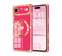 Urarssa for iPhone Air Case Rectangle, with Bling Diamonds Glitter Case for Women Girls, Cute Love Heart Pattern TPU Shockproof Plating Cover for iPhone 17 Air-Hot Pink