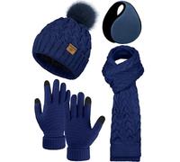 URATOT 4 Packs Winter Warm Set Knitted Pompom Hat Scarf Touch Screen Gloves Ear Warmer 4 In 1 Set for Men or Women, Navy, Medium