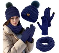 URATOT Winter Warm Knitted Sets Beanie Pompom Hat Scarves Winter Face Cover Touchscreen Gloves Scarf Set for Men Women
