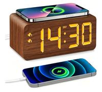 URAYCO Wood Digital Alarm Clock with 10W Fast Wireless Charger, USB Charging Ports, DST, Dimmable, Snooze, Large Number LED Display for Bedrooms, Desk, Living Room Table, Bedside, Nightstand (Brown)