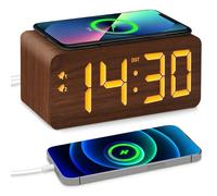 URAYCO Wood Digital Alarm Clock with 10W Fast Wireless Charger, USB Charging Ports, DST, Dimmable, Snooze, Large Number LED Display for Bedrooms, Desk, Living Room Table, Bedside, Nightstand (Brown)