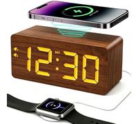 URAYCO Wood Digital Alarm Clock with 10W Fast Wireless Charger, USB Charging Ports, DST, Dimmable, Snooze, Large Number LED Display for Bedrooms, Desk, Living Room Table, Bedside, Nightstand (Brown)