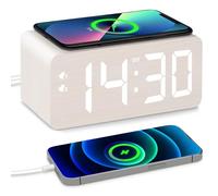 URAYCO Wooden Digital Alarm Clock, 10W Fast Wireless Charger Station & 2 USB Charging Ports, with 0~99% Dimmer, Dual Alarm, Weekday/Weekend Mode, Wood LED Clock for Bedroom, Desk, Office