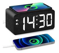 URAYCO Wooden Digital Alarm Clock, 10W Fast Wireless Charger Station & 2 USB Charging Ports, with 0~99% Dimmer, Dual Alarm, Weekday/Weekend Mode, Wood LED Clock for Bedroom, Desk, Office