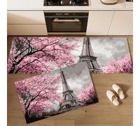 Urban Architecture 2 Pieces Non Slip Kitchen Rug Sets, Eiffel Tower Cherry Blossoms Washable Kitchen Floor Mat Grey Standing Mat For Hallway Dining Room And Entryway Home Decoration, 44X75Cm+44X120Cm
