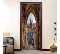 Urban Architecture Waterproof Self-Adhesive PVC Art Door Stickers for Interior Doors&Wall, Light Brown Removable Door Poster Sticker Wallpaper Decoration for Bedroom Living Bathroom 90x200 cm